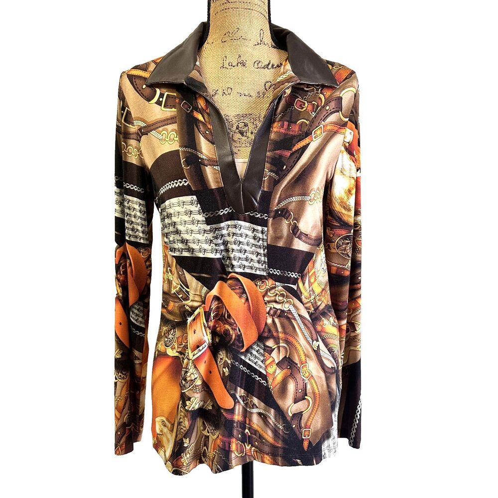 ANNA RACHELE Women Faux Leather Collar Multicolor Belts Print Blouse Sz 10/46